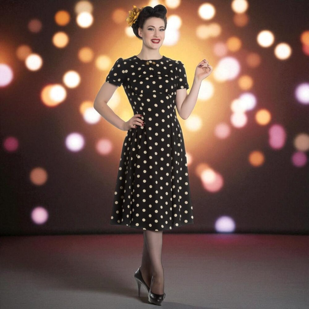 Hell Bunny Chiffon Black and White Polka Dot Midi Dress - XS